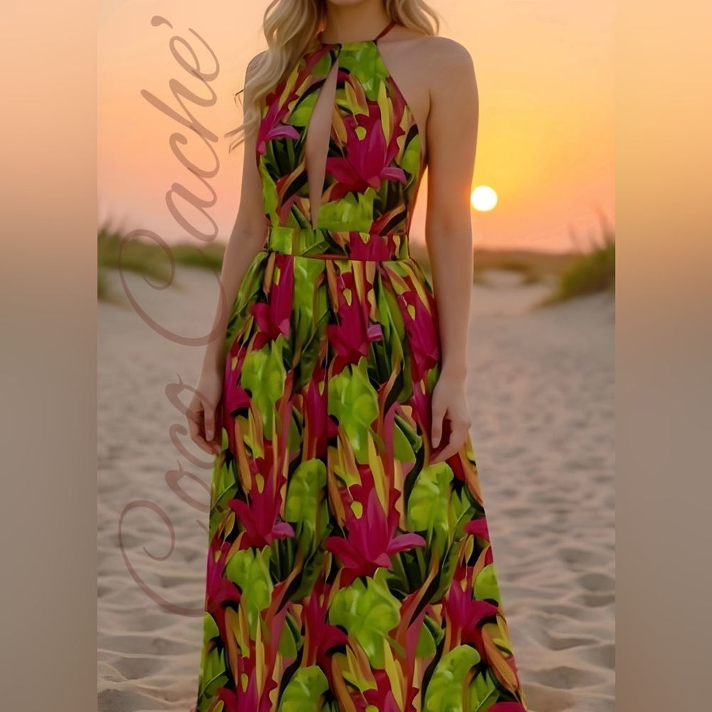 Floral Halter Backless Sleeveless Metallic Detail Midi Dress